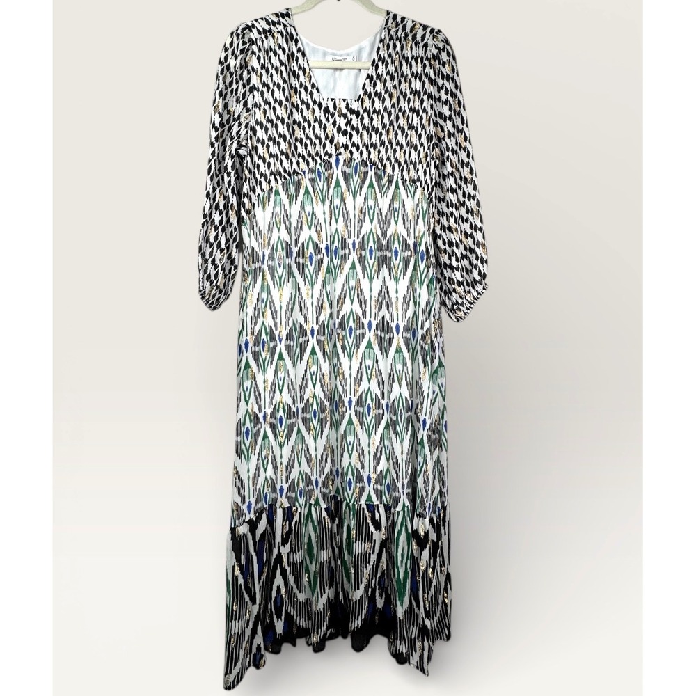 Chicos Ikat Clip Dot Maxi Dress Geo Print V Neck Long Sleeve Tiered Boho 1P/8P - Picture 5 of 14